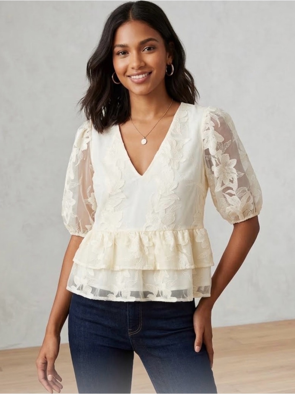 Express Ivory Lace V-Neck Peplum Blouse
